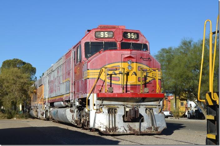 This display of vintage locomotives and rolling stock is part of the Western America Railroad Museum at the station. This FP45 could stand a fresh coat of paint. Barstow CA.